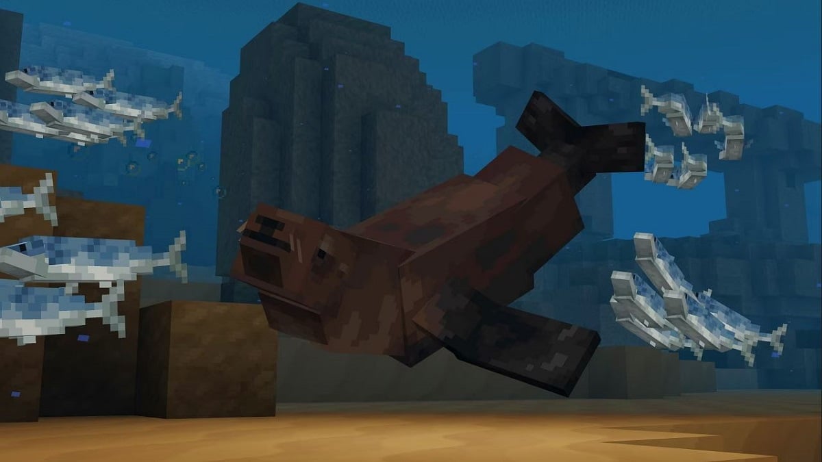 Minecraft: a fur seal swimming with fish underwater.