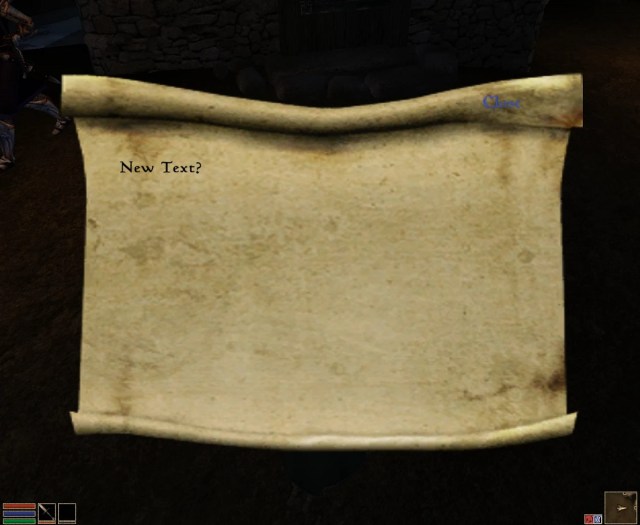 Morrowind: a close-up of a blank scroll with the words "new text" written at the top.