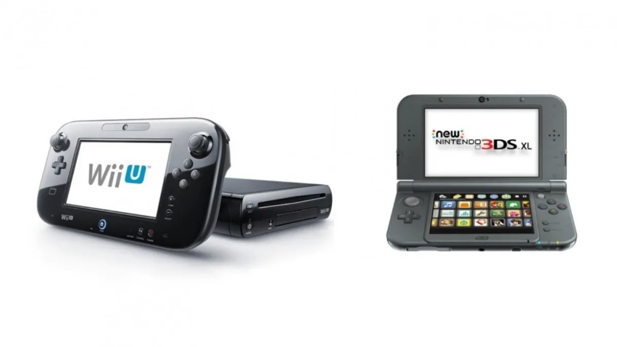 A black Nintendo Wii U and black 3DS XL on a white background.