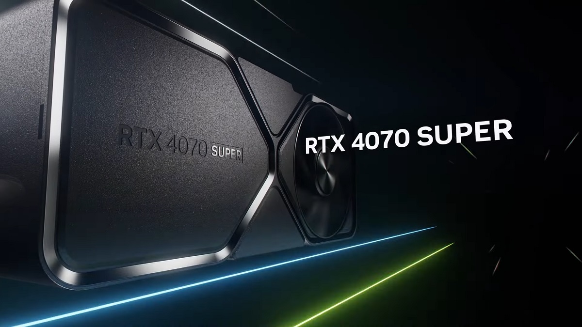 Nvidia RTX 4070 SUPER on a black background.