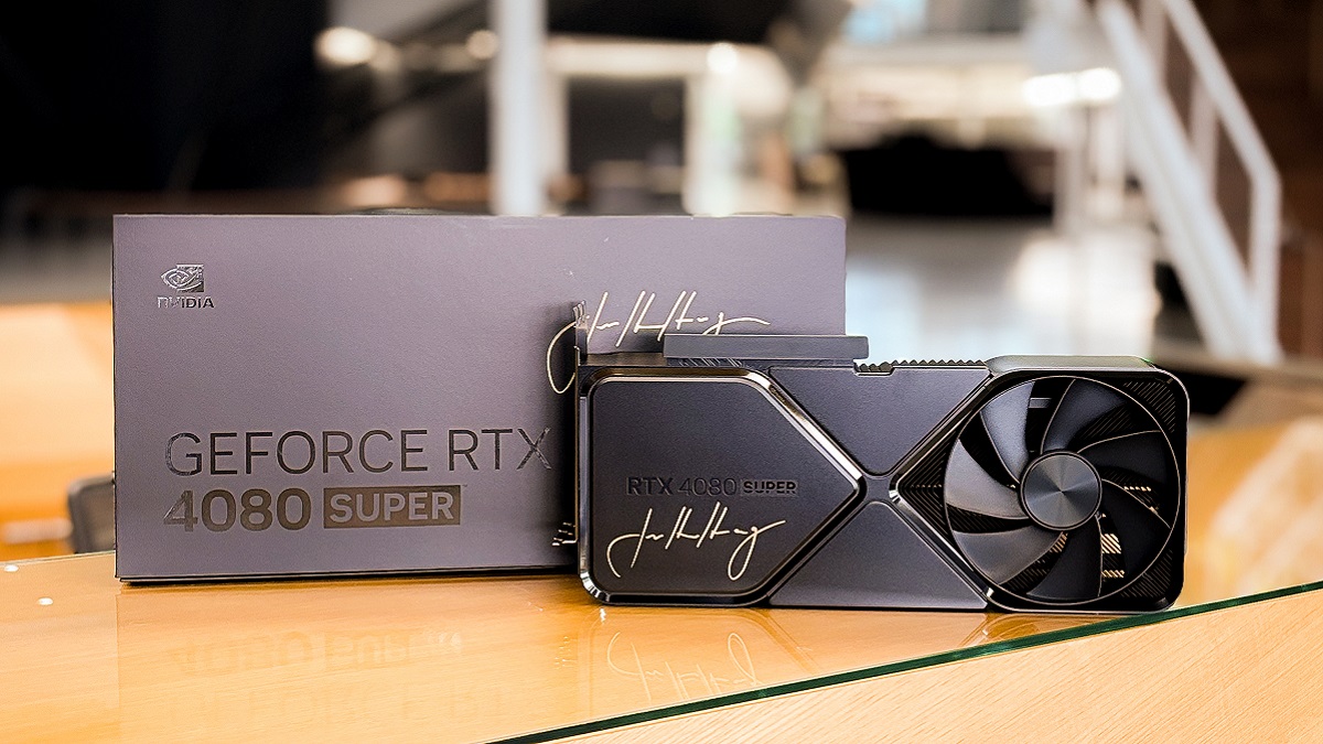 An Nvidia RTX 4080 SUPER graphics card with Jensen Huang's signature on the front.
