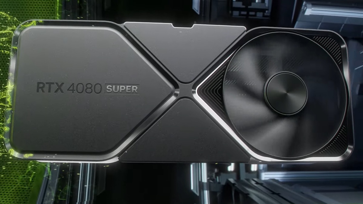 Eine Nvidia RTX 4080 SUPER fliegt durch einen Tech-Bereich.