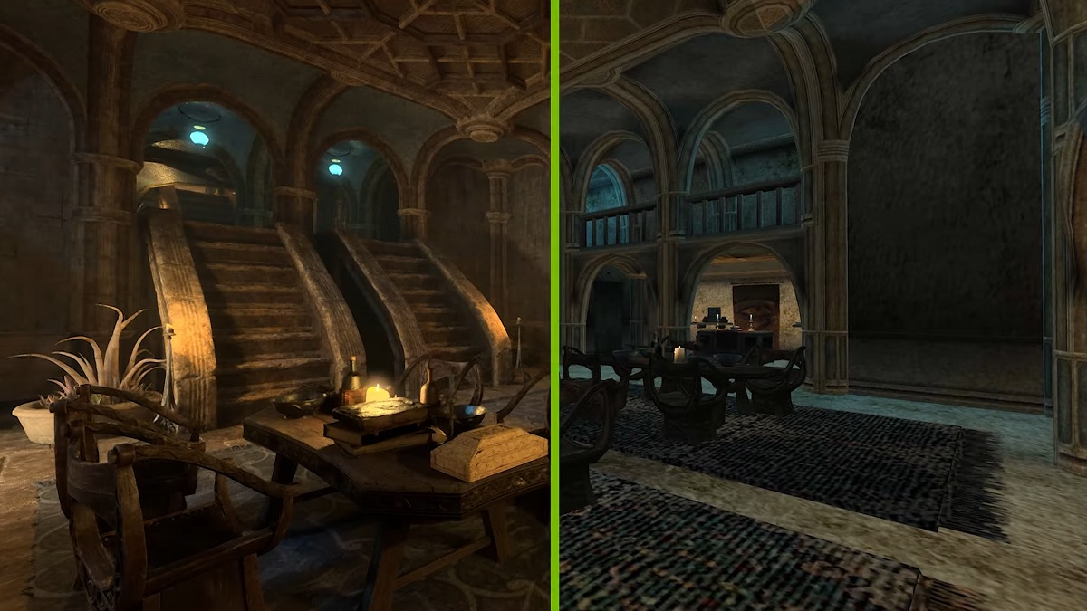Nvidia RTX: Screenshot von Morrowind, der einen Innenraum vor und nach dem Einschalten von RTX zeigt.