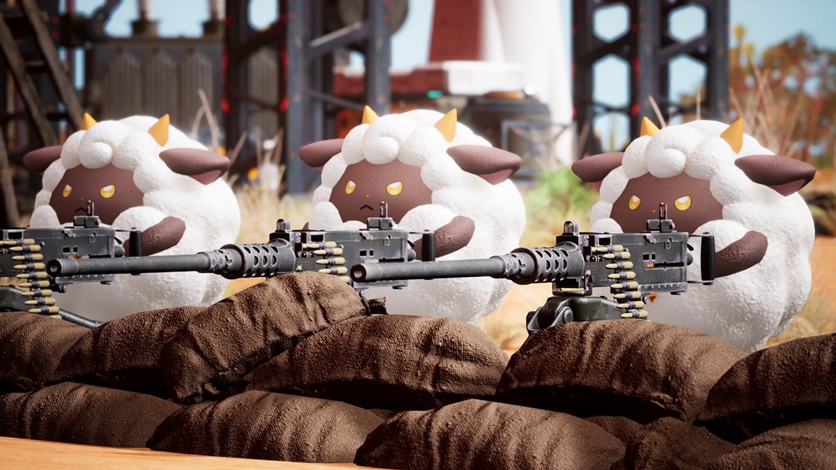 Palworld: three cute=looking ship firing turret guns.