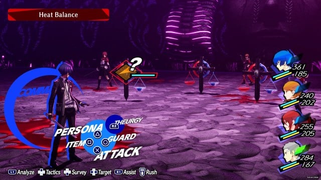 Mitsuru, Yukari, Akihiko, and the Protagonist in Persona 3 Reload with the battle menu for the main character