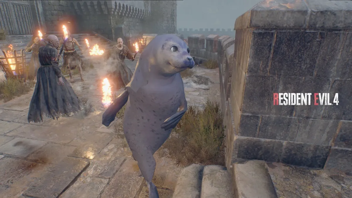 Resident Evil 4 Remake: a harbor seal running away from some of the castle enemies.