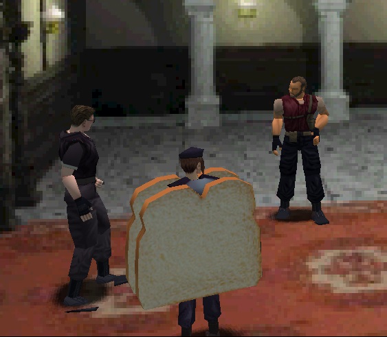 Resident Evil: Wesker, Jill, and Barry in the foyer, with Jill dressed as a giant sandwich.
