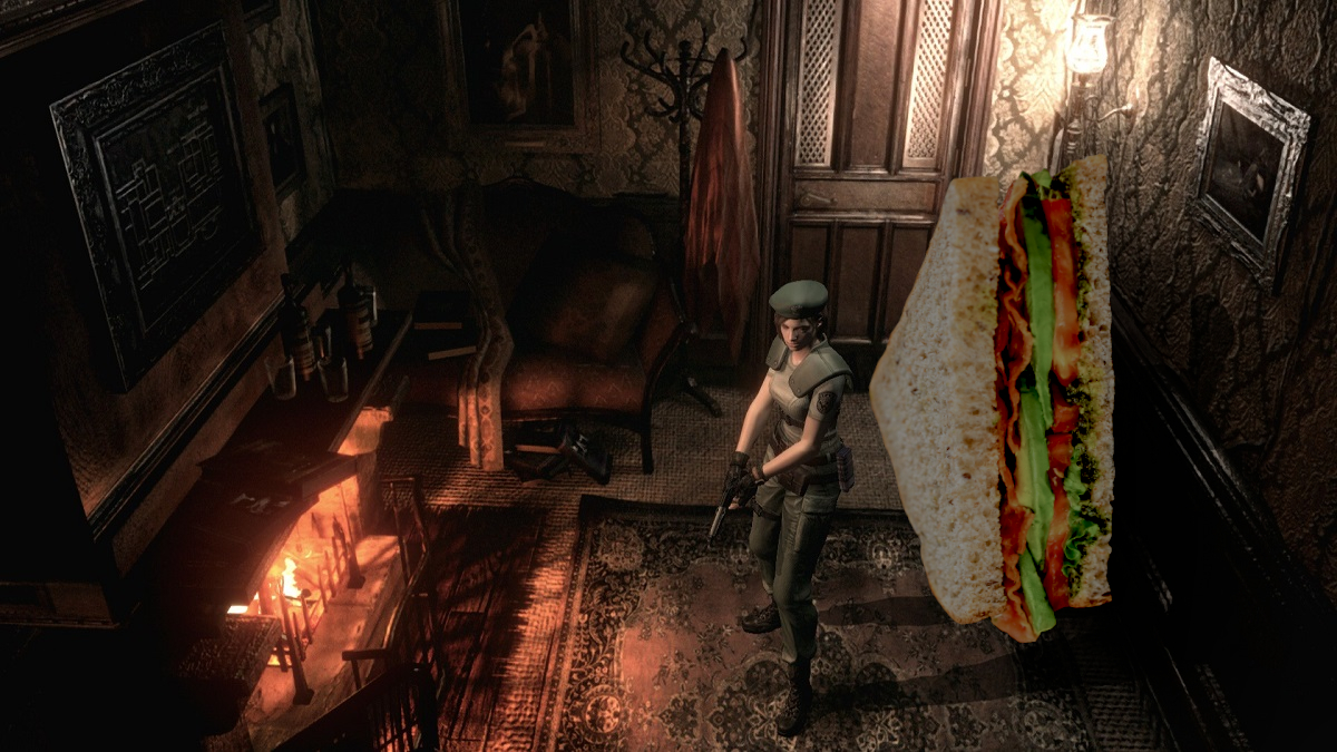 Resident Evil: Jill Valentine in a gloomy room with a giant sandwich behind her.