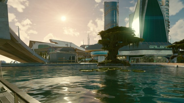Starfield: ein wunderschöner Screenshot, der die Uferpromenade in New Atlantis zeigt.