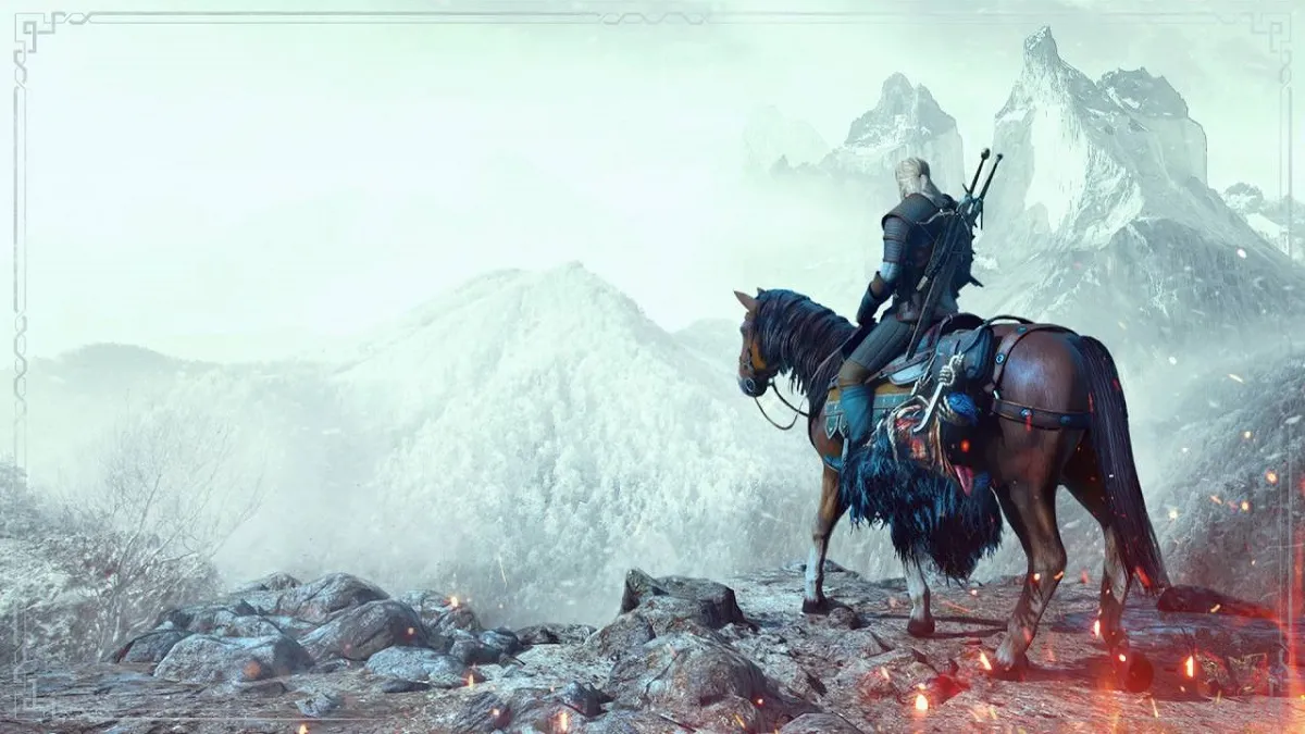 The Witcher 3: Geralt reitet auf einem Pferd und blickt in ein nebliges Tal.