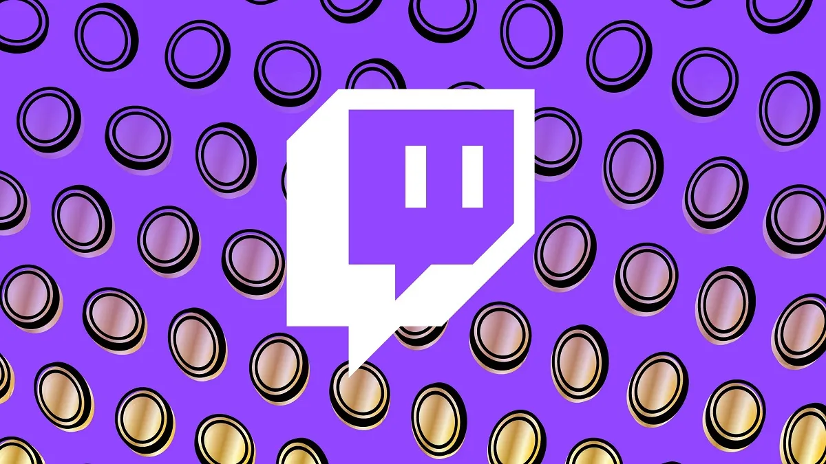Twitch logo on a purple background with coins falling about.