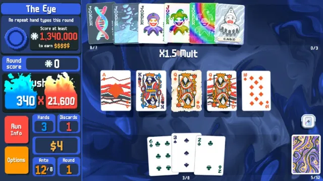 Die Balatro-Benutzeroberfläche zeigt die Punkteinformationen in einer vertikalen Leiste auf der linken Seite und die Pokerkarten in der Mitte an
