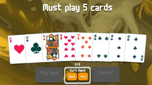 Balatro's "Must play 5 cards" screen, with a poker hand of Aces, one King, and several other numbered-cards