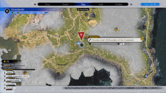 The Chapter 2 Grasslands Map, a red arrow highlights the World Intel Location for Chocobo Intel: All-Rounders of the Grasslands. 