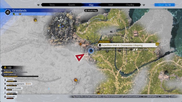 Expedition Intel 4: Grasswastes Lifespring in FF7 Rebirth. This Expedition Intel is circled on the map, just south of Kalm. 