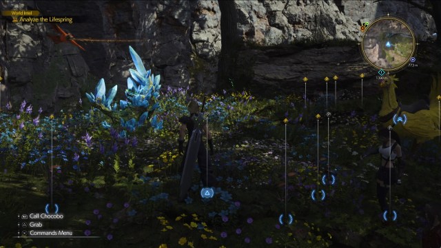 Cloud as he examines the items available at Expedition Intel 4: Grasswastes Lifespring. In the center left, there's a giant blue crystal to scan for rewards. 