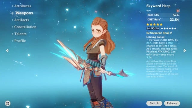 Aloy von Horizon Zero Dawn zeigt die Benutzeroberfläche ihres Charakters in Genshin Impact
