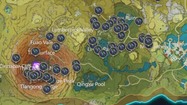Violetgrass farm spots in Genshin Impact on a map of Liyue