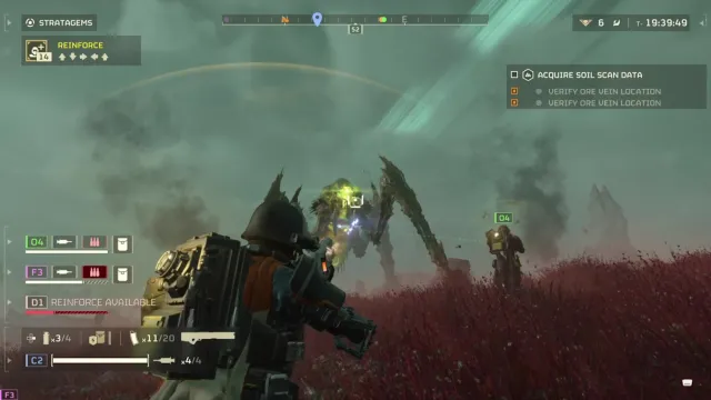 Bile Titan in Helldivers, approaching a team in "Acquire Soil Scan Data"