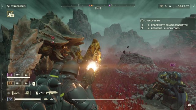 Helldivers 2 soldier fights a Charger enemy, using a Railgun