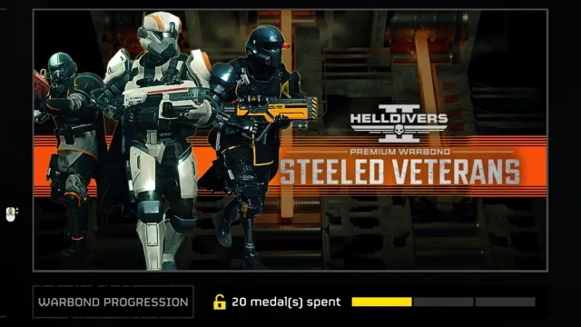 An in-game banner of Helldivers 2's Steeled Veterans Warbond/season pass.