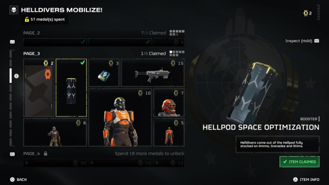The Hellpod Space Optimization screen in Helldivers 2