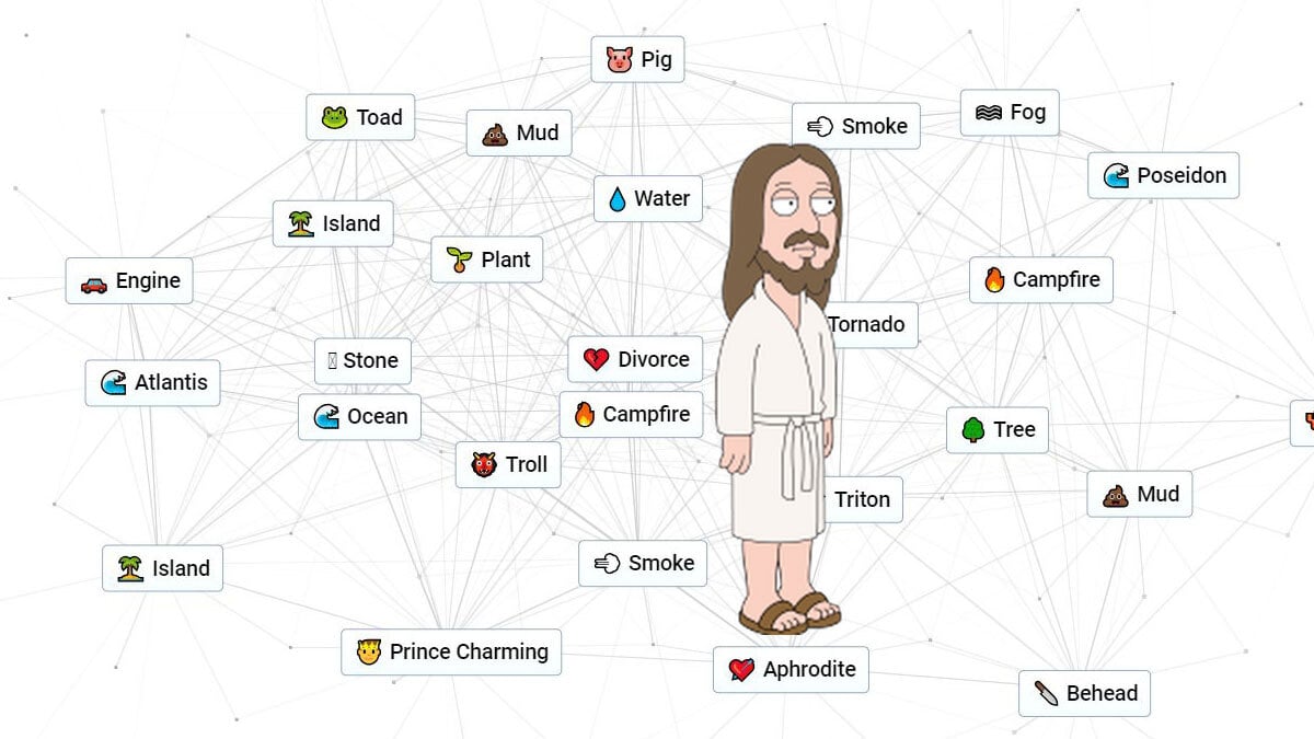 It's Family Guy Jesus, surrounded by Infinite Craft words