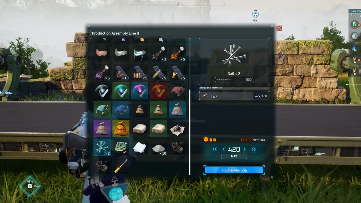 The Palworld menu with Nails in the Production Assembly Line