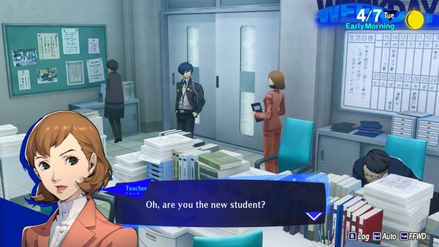 Meeting the teacher in the admin office in Persona 3 Reload