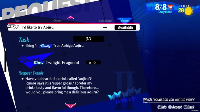 Persona 3 Reload Elizabeth Request 57 menu, displaying her request for True Aohinge Aojiru