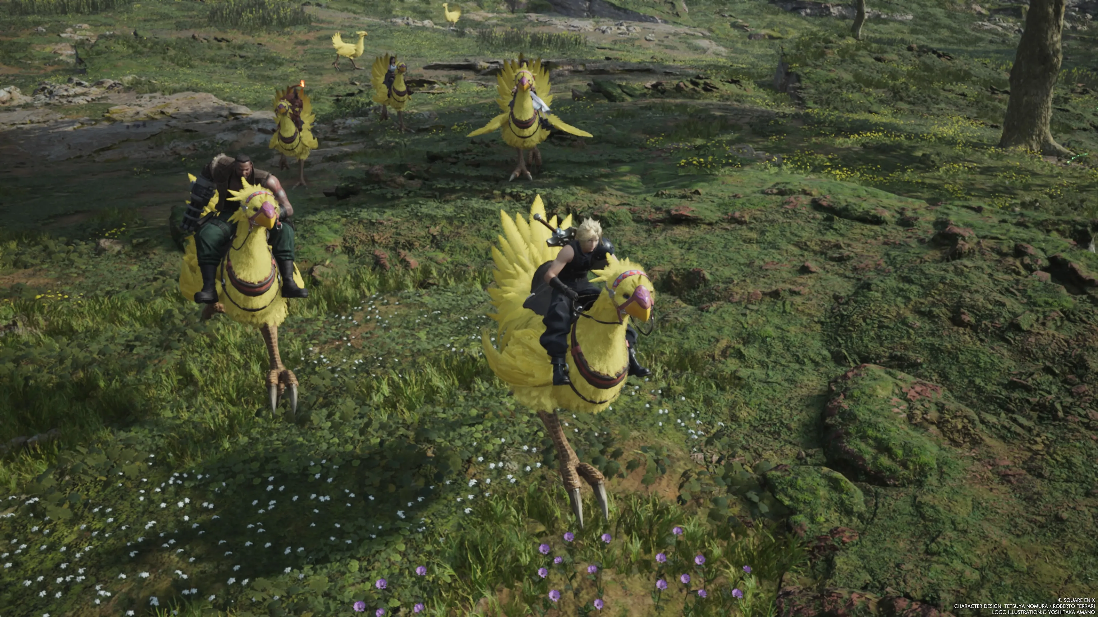 The FF7 Rebirth party as they ride across the open world on Chocobos. 