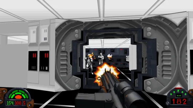 Star Wars Dark Forces Remaster shooting a stormtrooper in the face