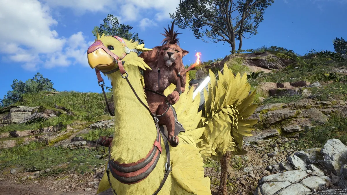 Final Fantasy VII FF7 Red XIII riding a chocobo.