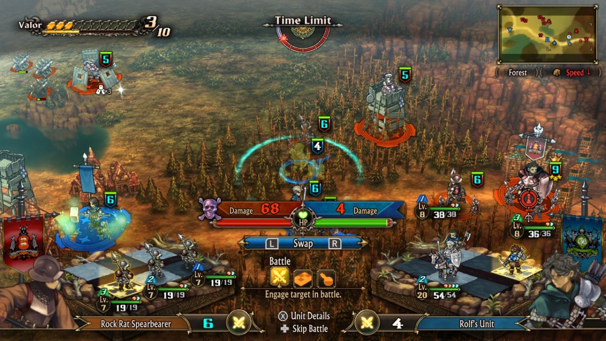 Unicorn Overlord's battle menu with Rock Rat Spearbearer units on the left side, and Rolf's units on the right.