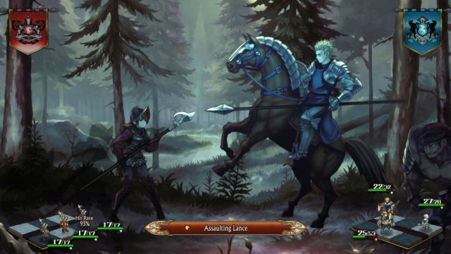 Ein unberittener Ritter steht einem anderen Ritter auf einem Pferd gegenüber, beide halten eine Lanze. 