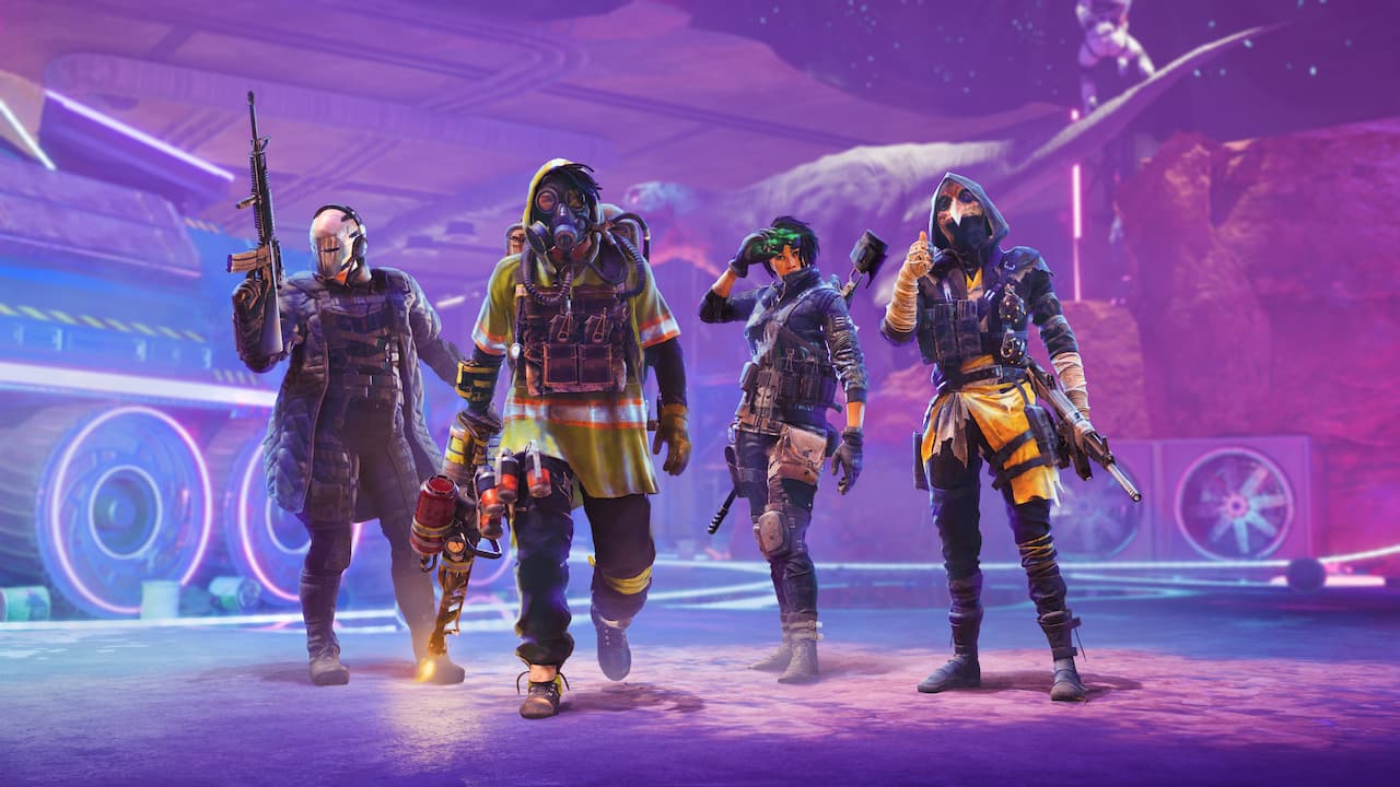 XDefiant characters standing against a purple background.