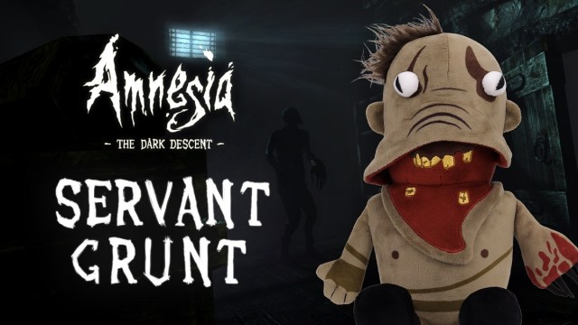 Amnesia: the Grunt plush next to the Dark Descent logo.