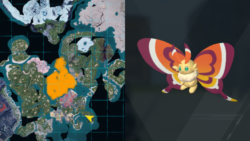 The Palworld map on the left, with Cinnamoth on the right
