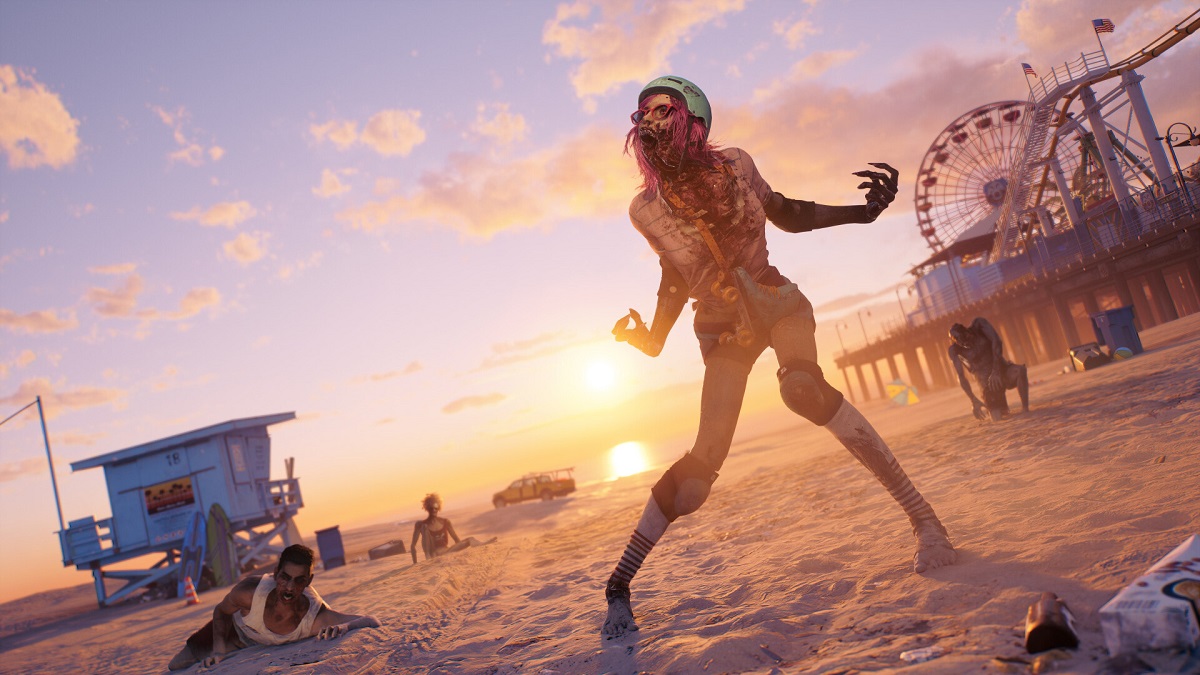 Dead Island 2: zombie rise up on the beach as the sun sets.