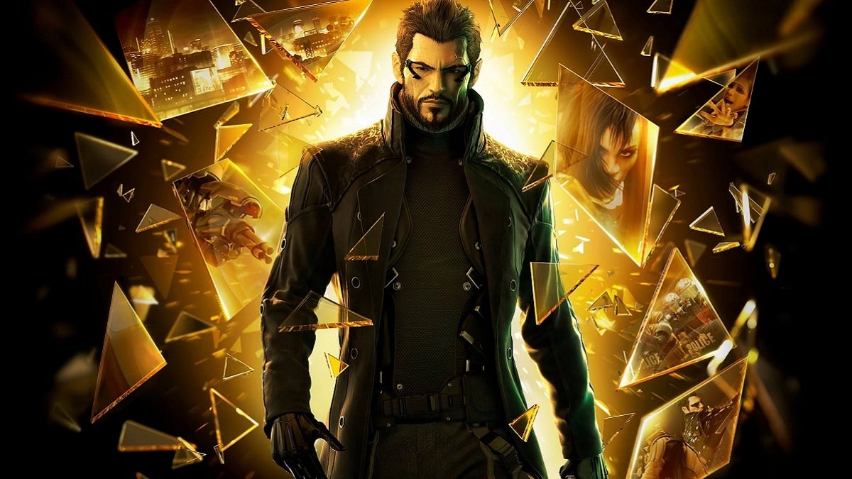 Deus Ex: Adam Jensen with an explosion of light and glass behind him.