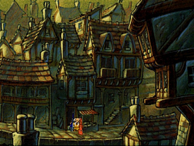 Discworld: a large, medieval looking town with Rincewind the Wizard looking at a stall.