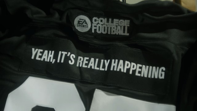 An image of a jersey that reads "EA Sports College Football 25" with the caption "Yeah, it's really happening."