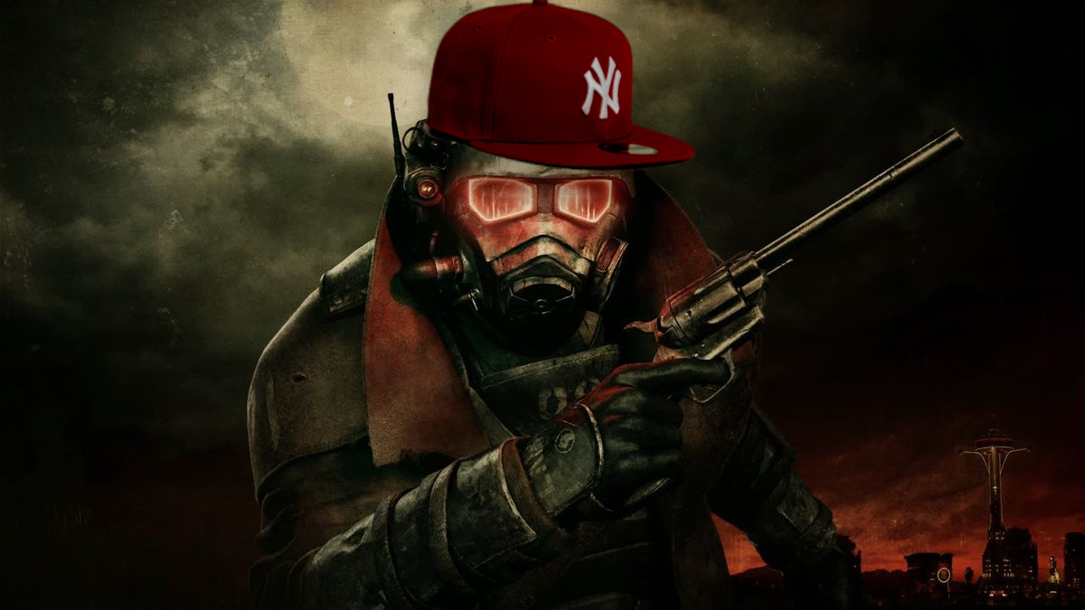 Fallout New Vegas: an NCR soldier wearing a red NY cap.