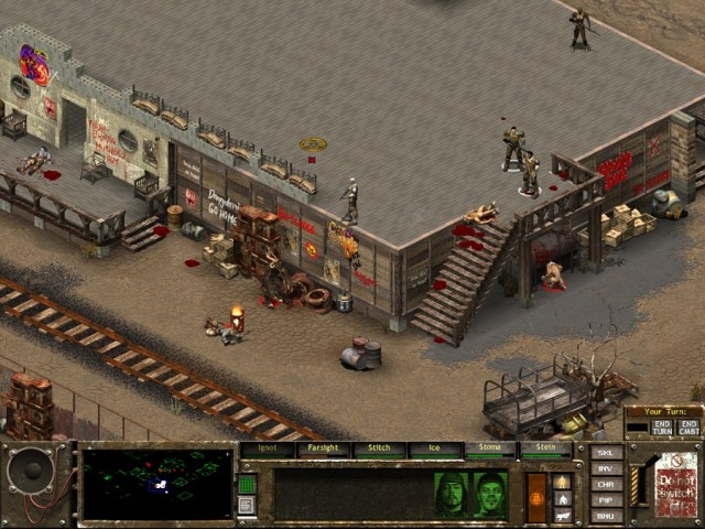 Image from Fallout Tactics showing armored people on a roof with a dead person at the top of some stairs.