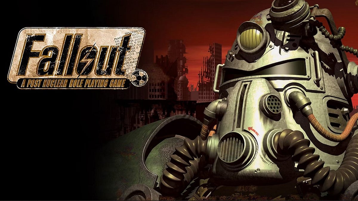 Fallout 1: a Brotherhood of Steel helmet on a dark, red background.