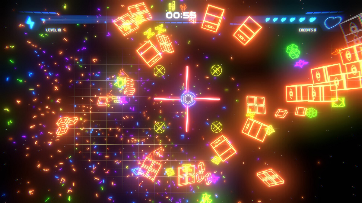 Geometry Survivor: bright explosions and geometric shapes on a black background.