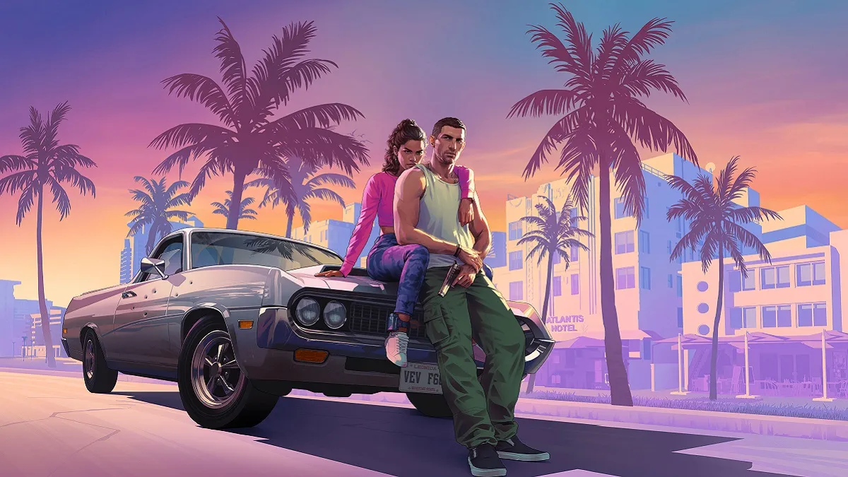 Grand Theft Auto 6: a man and a woman lean on the hood of silver car as the sun goes down behind them.