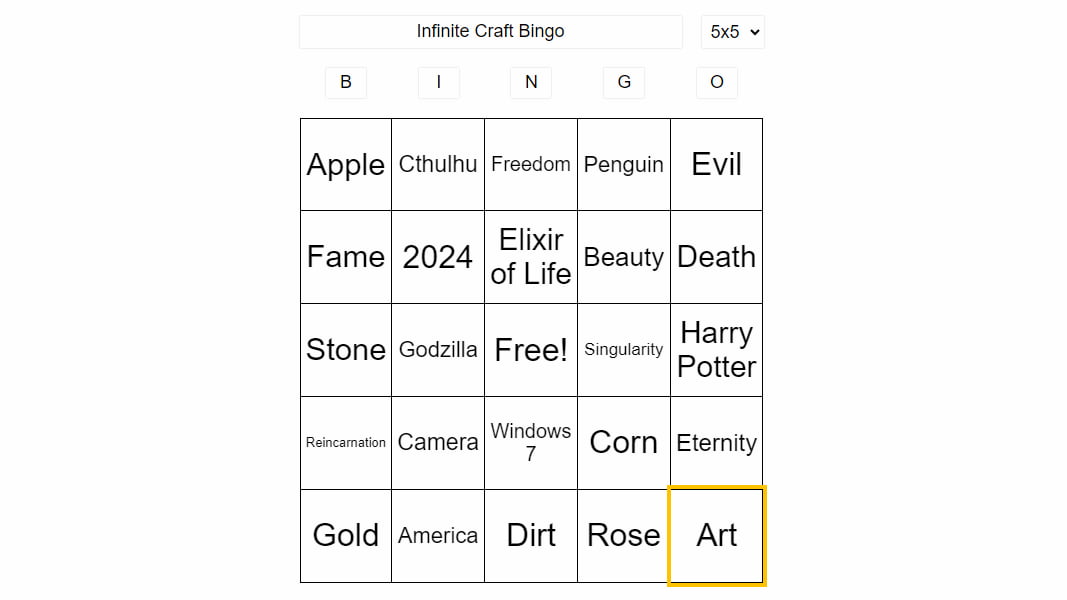 Infinite Craft bingo board example