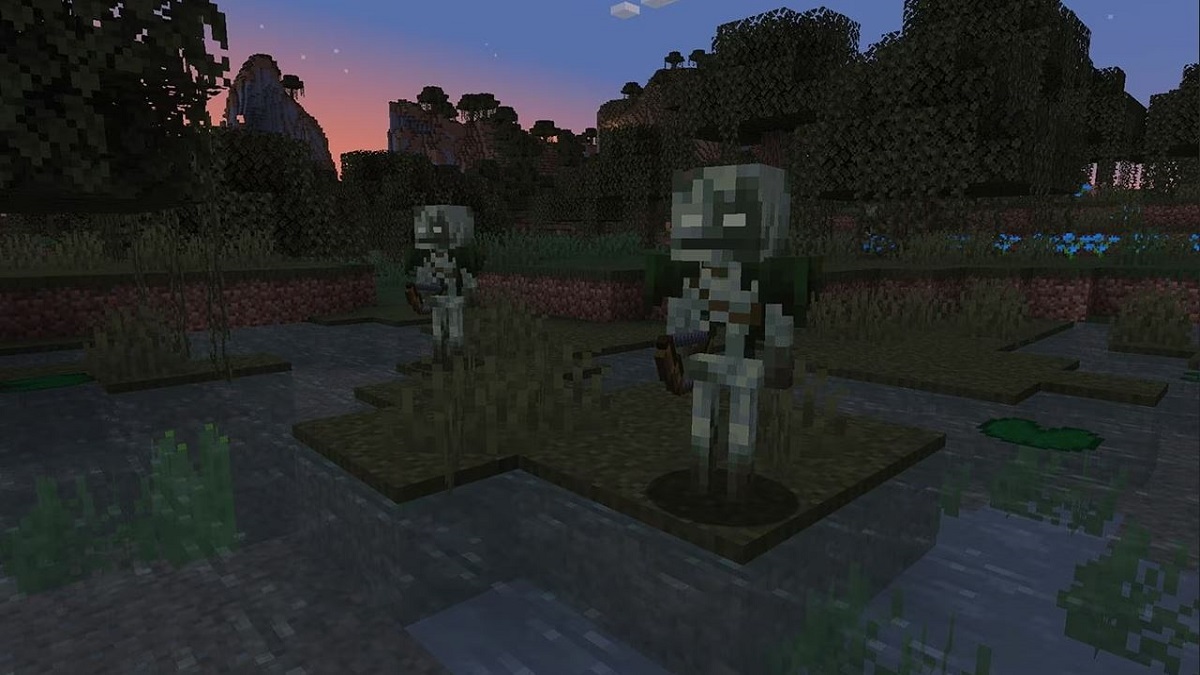 Minecraft: a couple of bogged skeletal mobs on a bit of marshland.