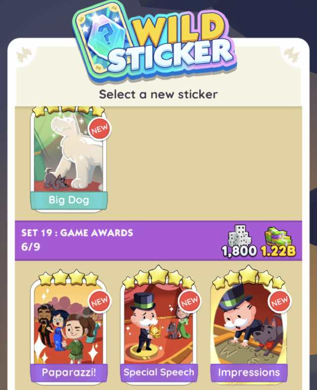 Monopoly GO Wild Sticker selection screen